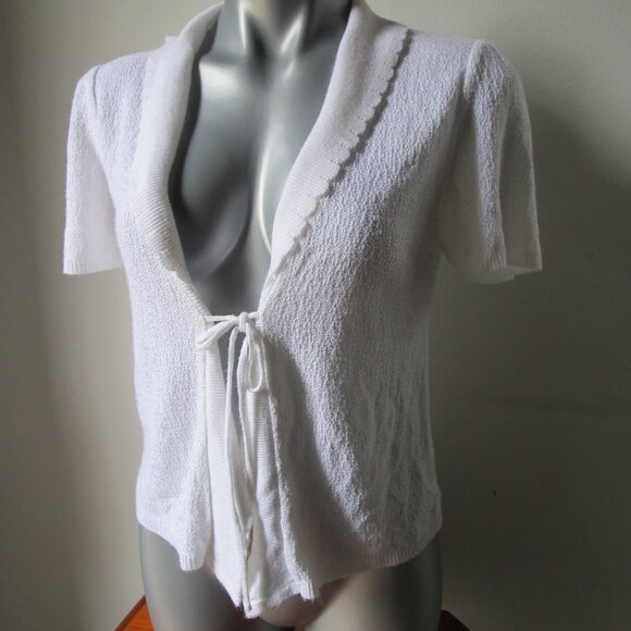 Lightweight knit sweater, open w string tie. JasonMaxwell M white short sleev - Picture 1 of 11